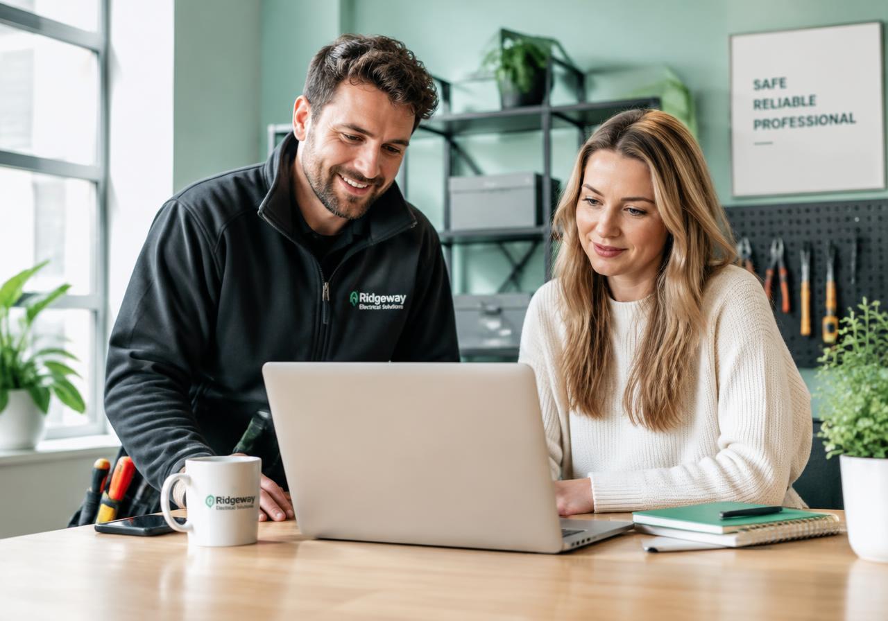 An electrician and his office manager reviewing bookings on a laptop
